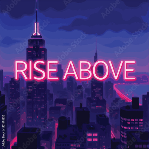 Vector cityscape illustration showcasing a modern urban skyline with skyscrapers, towers, and city lights at night. Silhouettes of buildings against a colorful sunset and moonlit sky in a bustling 