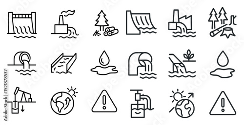 Environmental impact icons set focused on water and energy resources