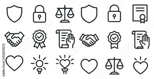 Collection of minimal icons for business contracts and security concepts