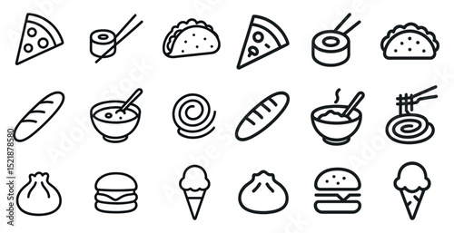 Outline icons of diverse foods for menu or recipe design