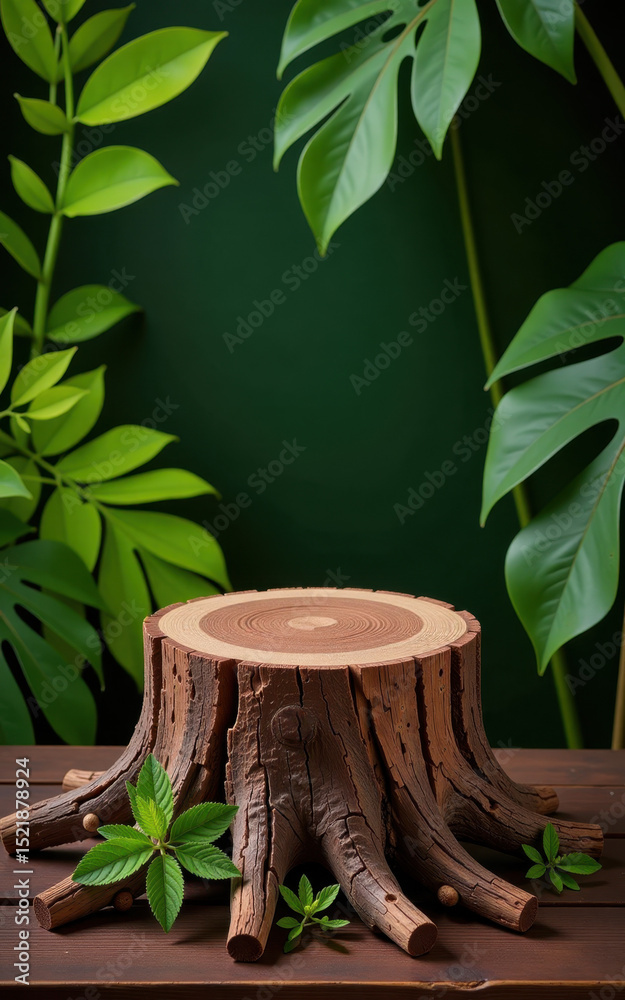 Obraz premium Wooden stump with green leaves in natural setting on wooden surface 