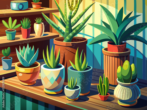 vector of Small aloe vera plants in modern ceramic pots on a rustic wooden shelf...