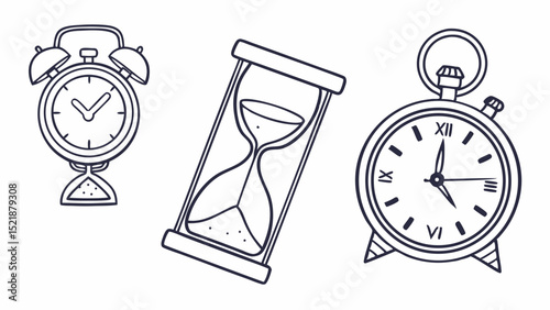 Vintage Timekeeping Devices Alarm Clock, Hourglass, Pocket Watch Illustration