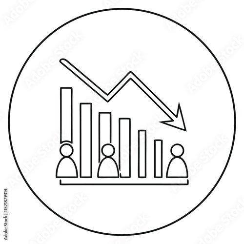 Downtrending business graph with decreasing bar chart and person icon symbols