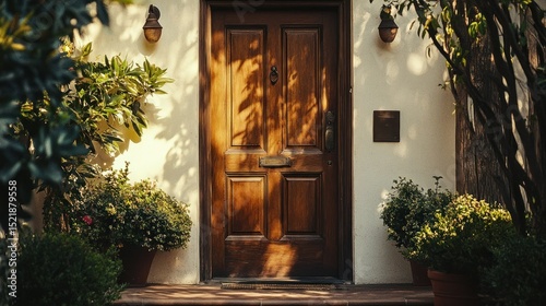A close up view of a brown wooden front door