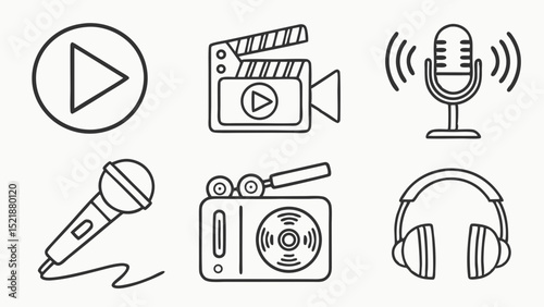 Podcast, Video, and Audio Recording Icons Line Art Designs for Media Projects