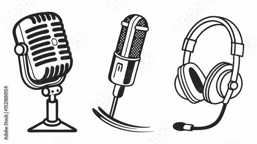 Vintage Microphones, Modern Headset Audio Equipment Illustrations