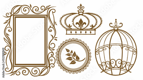 Elegant Ornate Frames, Crowns, and Cage Designs Vintage Style Vector Graphics