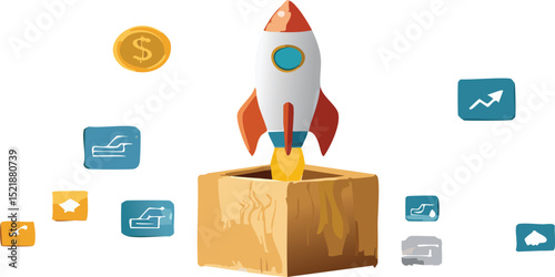 Rocket launching from wood cube with business icon, Start-up, Creativity, Big idea, Business goals management, Investment on new project to wealth, Company strategy target, Sustainable financial plan