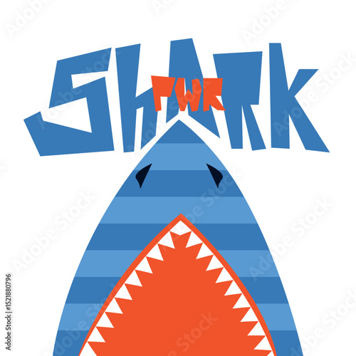 Shark with open mouth. Flat vector illustration. Cartoon kid shark print for tee