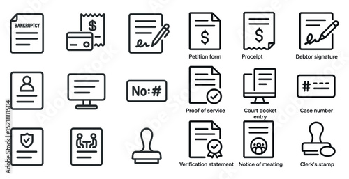 Legal document and financial process icons for business and administration