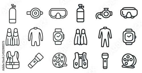 Diving equipment icons for water sports and adventure design projects