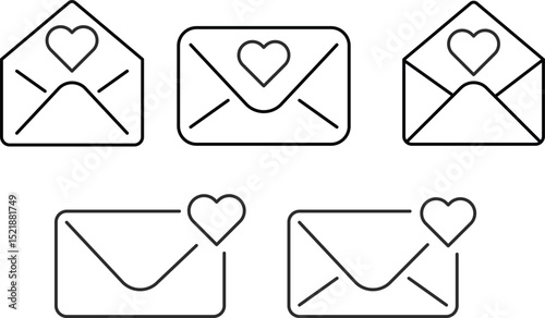 Love Letter icon set. envelope and tiny hearts flying.  Valentine's Day Romance icons. heart sign. wedding invitation symbol
