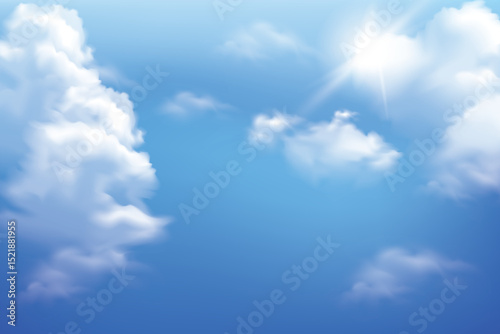 Bright blue sky with fluffy clouds and sunshine in the background