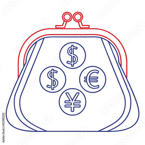 Financial purse with global currency symbols representing international money and exchange