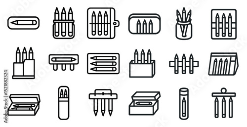 Variety of pen and pencil case icons for creative and office use