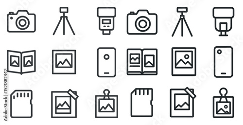 Photography icons set for camera equipment and accessories