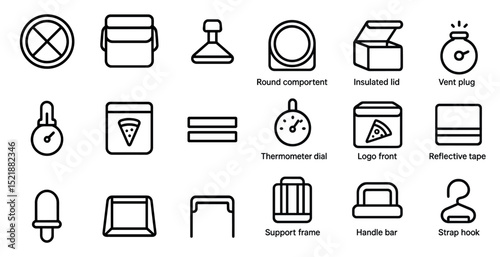 Icon set featuring food, equipment, and tool symbols for various design applications