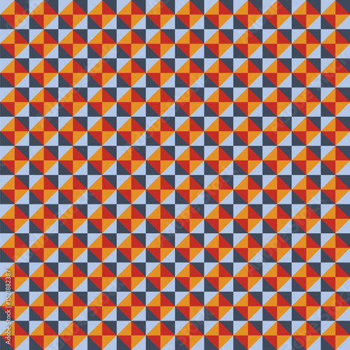 Pattern created from small orange, red, blue and navy-grey triangles