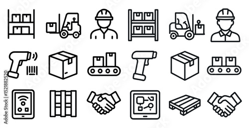 Warehouse logistics and inventory management icons for digital design