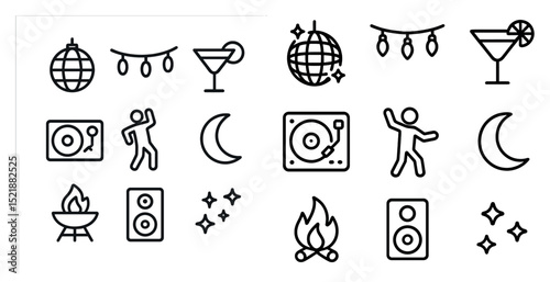 Night party celebration icons for event design and decoration