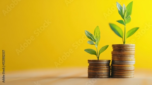 Financial Growth: Coin stacks supporting vibrant sprouts symbolize the dynamic growth of money and business, suggesting prosperity and financial success.