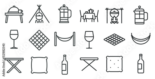 Outdoor dining and camping essentials icons for summer event designs