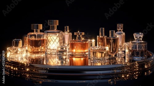 Fragrant Collection: An alluring composition of elegant perfume bottles, their refined forms gleaming against a dark, luxurious background, creating a captivating still life of opulence and fragrance.