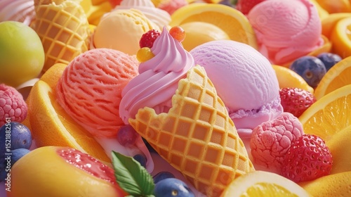 A Sweet Symphony of Flavors: An artistic medley of vibrant ice cream scoops nestled amidst a colorful assortment of fresh fruits. capturing the essence of summer sweetness and pure delight.