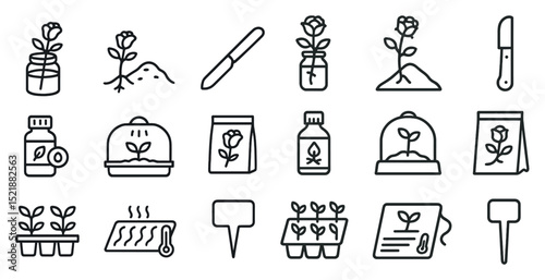 Gardening and plant care icons for floral design and horticulture projects