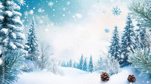 Winter Wonderland Scene: A breathtaking winter wonderland scene unfolds, where delicate snowflakes dance through the air above snow-covered evergreen trees and a frosted landscape.