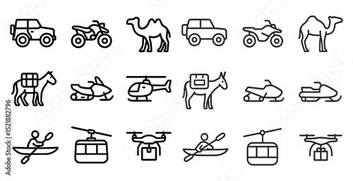 Diverse modes of transportation icons for design and print projects