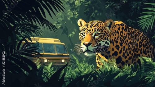 Jaguar Encounter in the Jungle: A majestic jaguar peers from the lush foliage of a tropical jungle, a vintage van parked nearby hinting at adventure and exploration. 