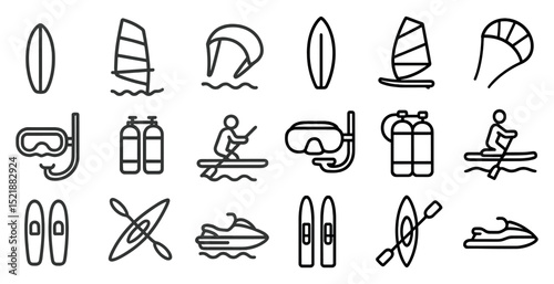 Water sports and adventures icon set for outdoor activity enthusiasts