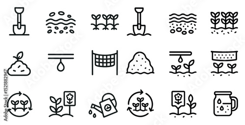 Gardening tools and plant growth icons for eco-friendly designs