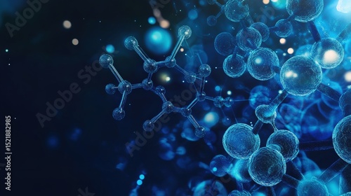 Molecular Marvel: A detailed, artistic rendering of interconnected molecules, rendered in varying shades of blue, suspended against a dark, subtly lit background.