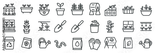 Line art icons of gardening tools and planters for eco-friendly design