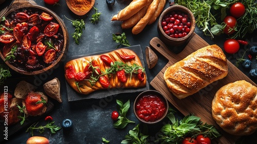 Culinary Composition: A vibrant array of appetizing dishes and culinary elements, including artisan bread, ripe berries, fresh herbs and flavorful tomatoes