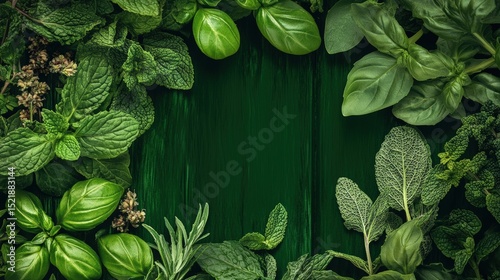Herbaceous Harmony: A captivating close-up view of a vibrant assortment of fresh herbs artfully arranged, creating a textured frame around a textured wooden board.