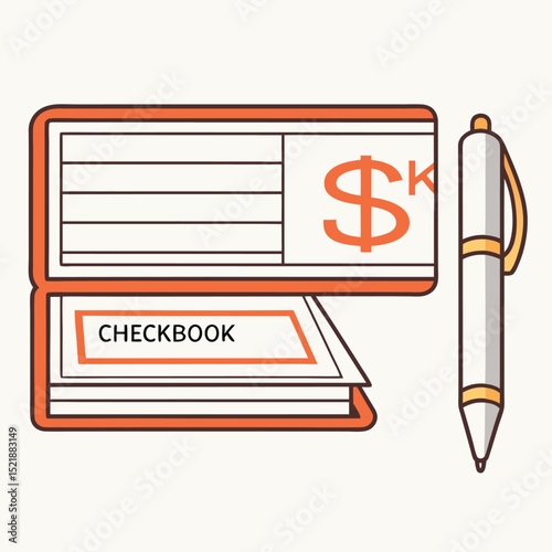 Illustrated checkbook with dollar sign and a pen conceptual financial transaction