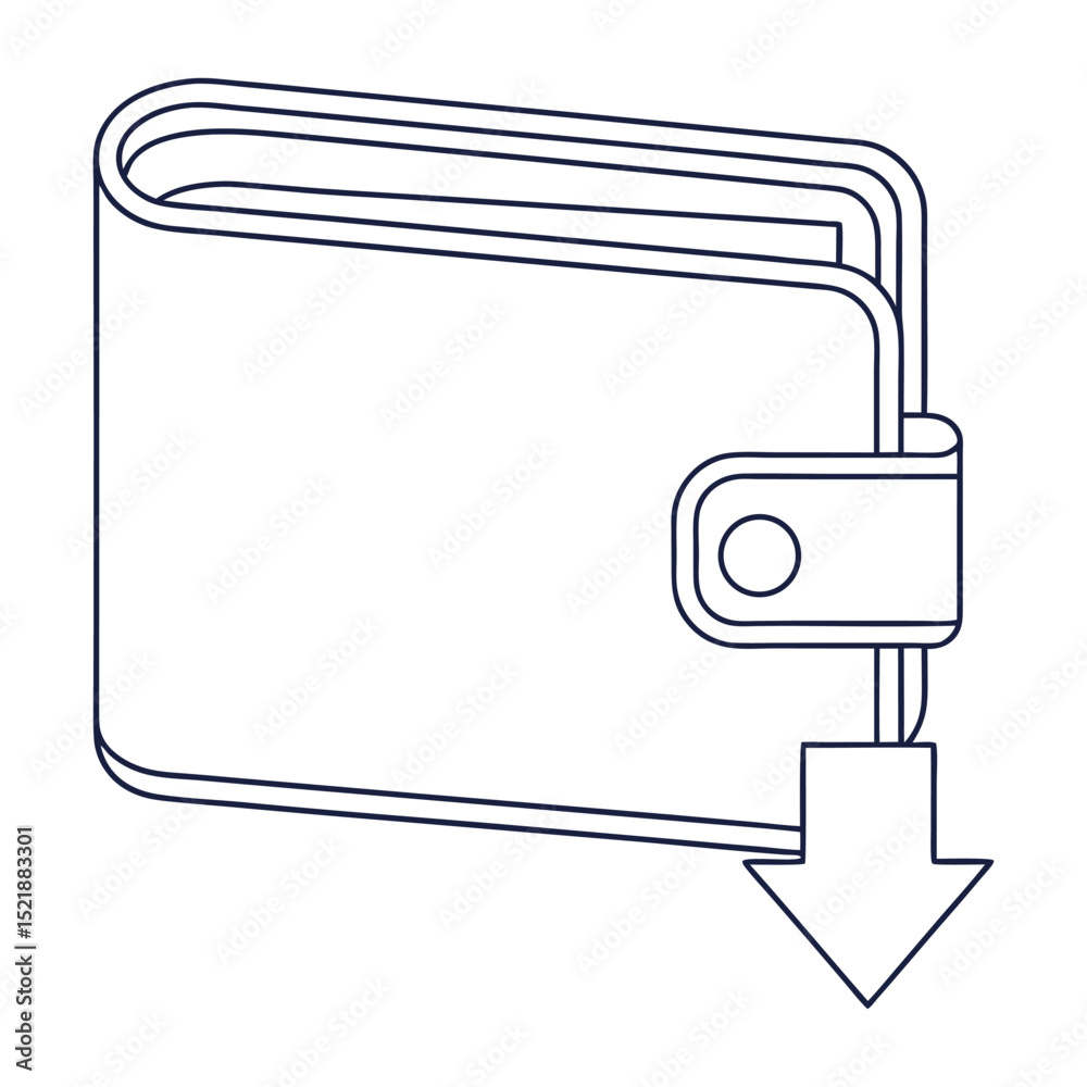 Illustration of a wallet with a downward arrow representing finances and spending Illustration of a wallet with a downward arrow representing finances and spending