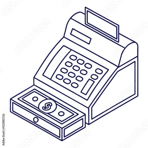 Isometric outline illustration of a cash register with cash and dollar sign included