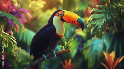 Toucan in Lush Jungle: A colorful toucan perched on a branch amidst vibrant, tropical foliage evokes a sense of exotic adventure.