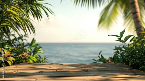 Tropical Oasis Vista: A serene tropical scene unfolds, inviting you to a sun-kissed journey. Glimpses of swaying palm trees and lush green plants frame the inviting ocean, a pathway to paradise. 