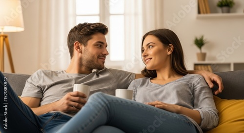Couple relaxing on couch together drinking coffee enjoying time at home in living room setting indoors