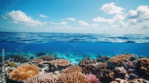 Coral Reef Underwater Paradise: A vibrant underwater scene showcasing a diverse coral reef teeming with life, contrasting a calm ocean surface under a bright blue sky.