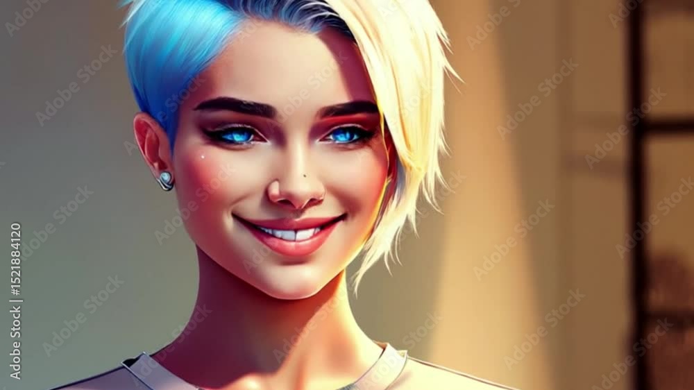 Porträt einer hübschen, jungen blonden Frau mit modernem Pagenschnitt,