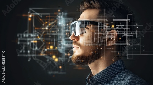 Innovation through a Lens: A man wearing futuristic glasses is immersed in a virtual world, surrounded by a complex digital overlay