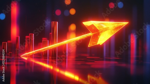 Rising Arrow of Success: A glowing, upward-pointing arrow soars above a backdrop of rising bar graphs, symbolizing growth, progress, and achievement in business and finance.