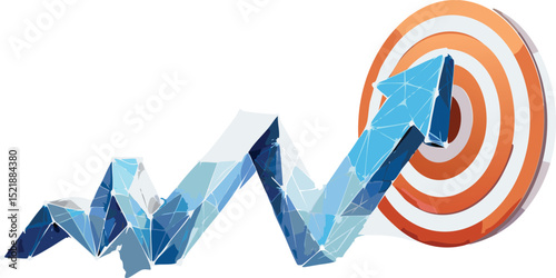 3d business arrow growth to target low poly wireframe on blue background. startup and achievement. vector illustration fantastic technology.